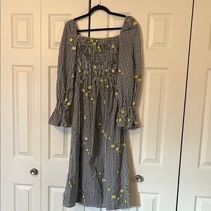 Gingham Smocked Midi Dress with Yellow Floral Accents